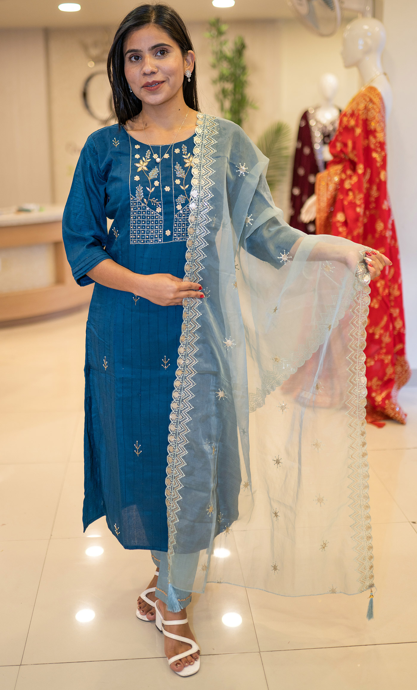 Elegant Fusion Hand-Embroidered Thread and Bead Neckline on Cotton, Rayon Pant, and Machine-Worked Organza Dupatta (2)