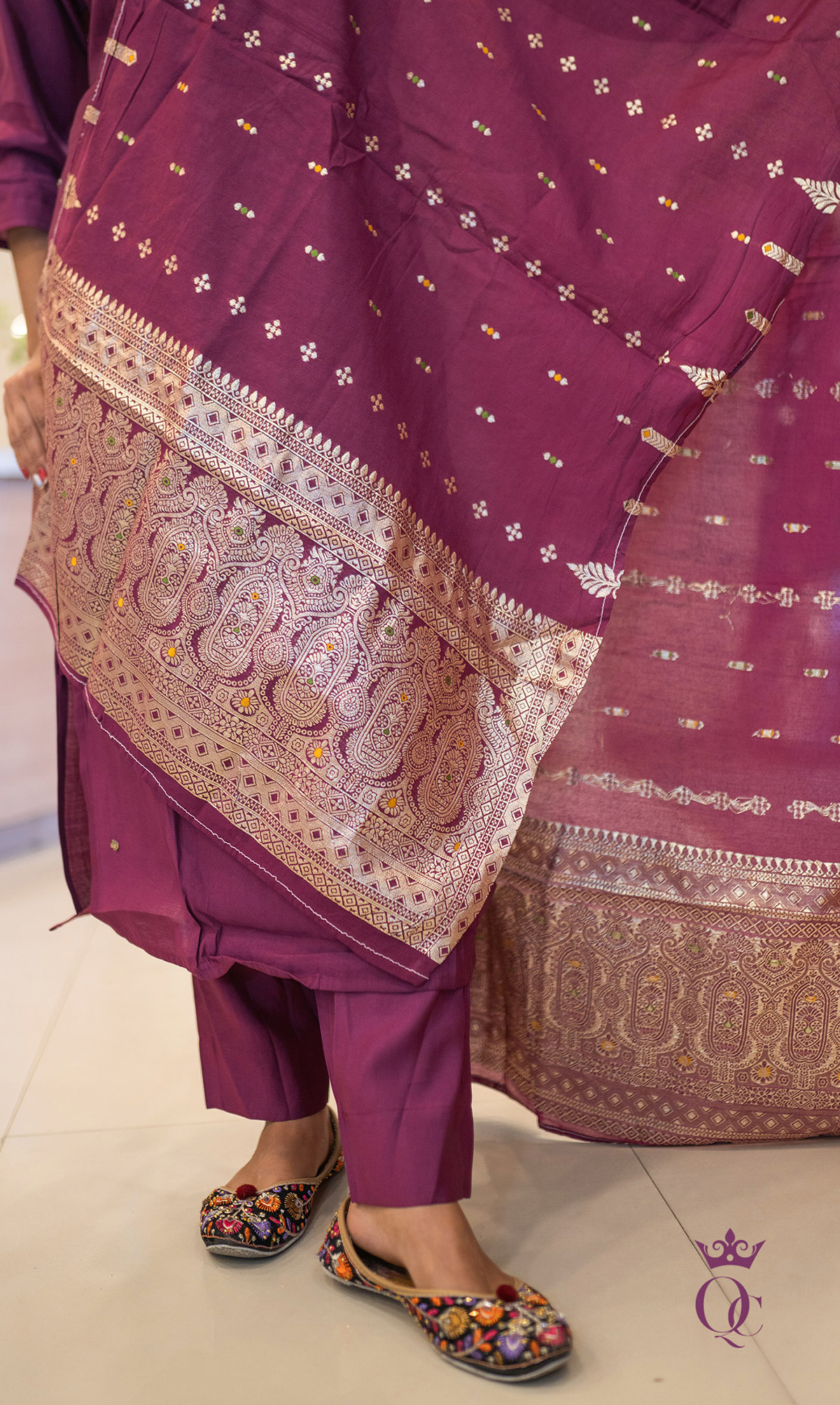 Luxurious Silk Ensemble Silk Top Adorned with Hand Embroidery in Thread and Beads, Paired with Plain Silk Pant and Banarasi Dupatta