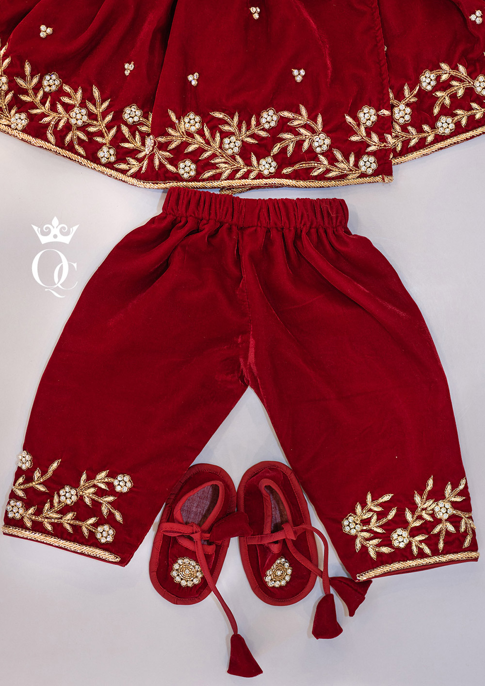 Velvet Elegance Hand-Embroidered Chaubandi Design Top with Hat, Paired with Circular Skirt, Suruwal with Embroidered Lace, and Matching Shoes (1)