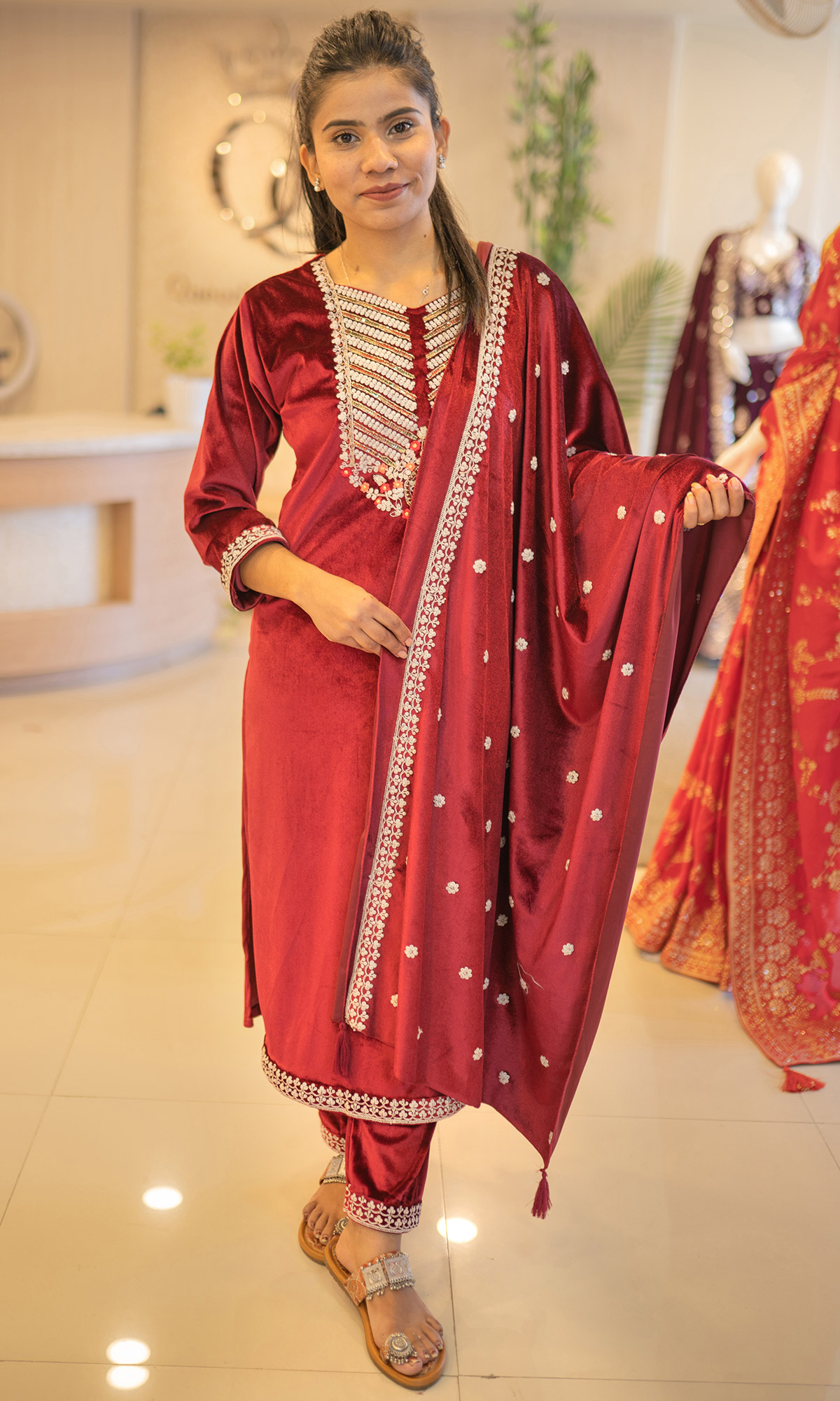 Velvet Elegance Machine and Hand Worked Neckline Velvet Top with Straight Pant, Machine Work Lace, and Coordinated Machine Worked Dupatta (10)