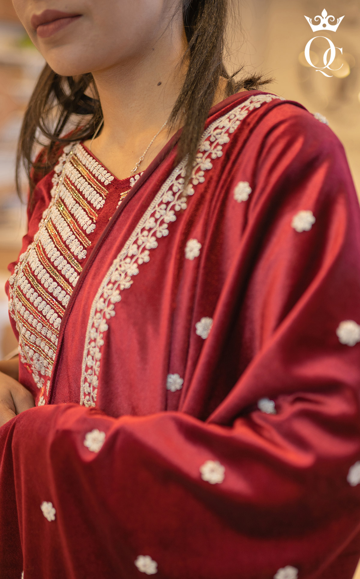 Velvet Elegance Machine and Hand Worked Neckline Velvet Top with Straight Pant, Machine Work Lace, and Coordinated Machine Worked Dupatta (12)