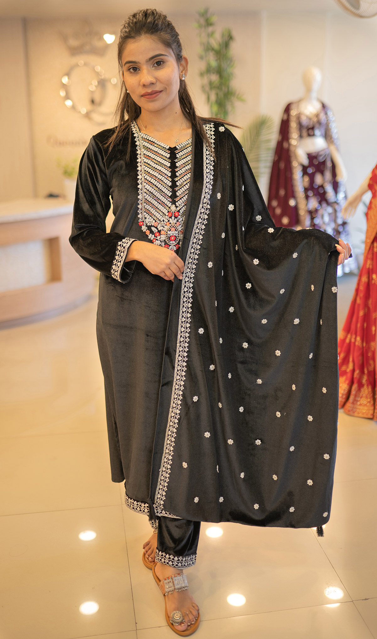 Velvet Elegance Machine and Hand Worked Neckline Velvet Top with Straight Pant, Machine Work Lace, and Coordinated Machine Worked Dupatta (9)