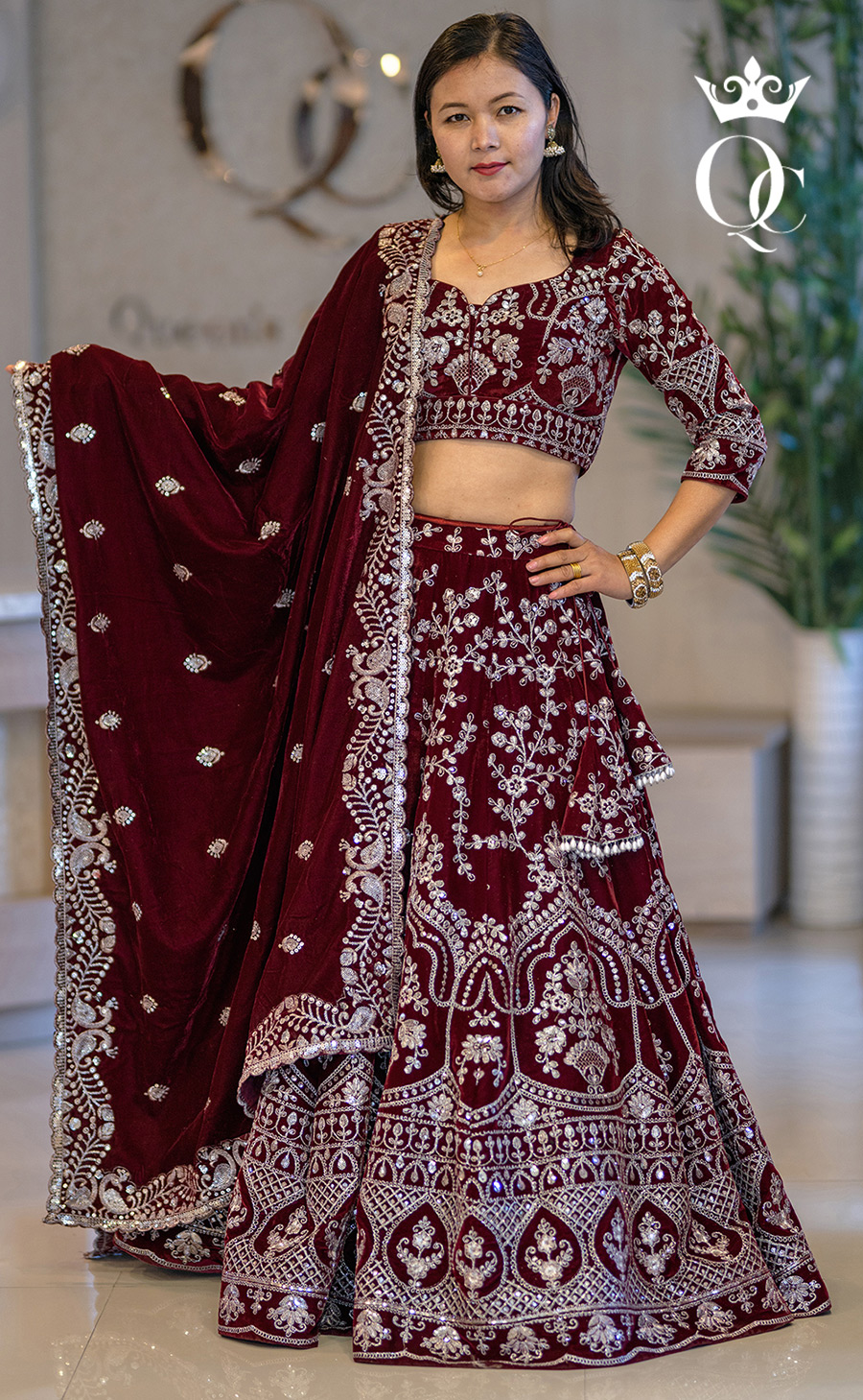 Bridal Lehenga Choli in Velvet with Silver Thread and Sequin Embroidery (2)