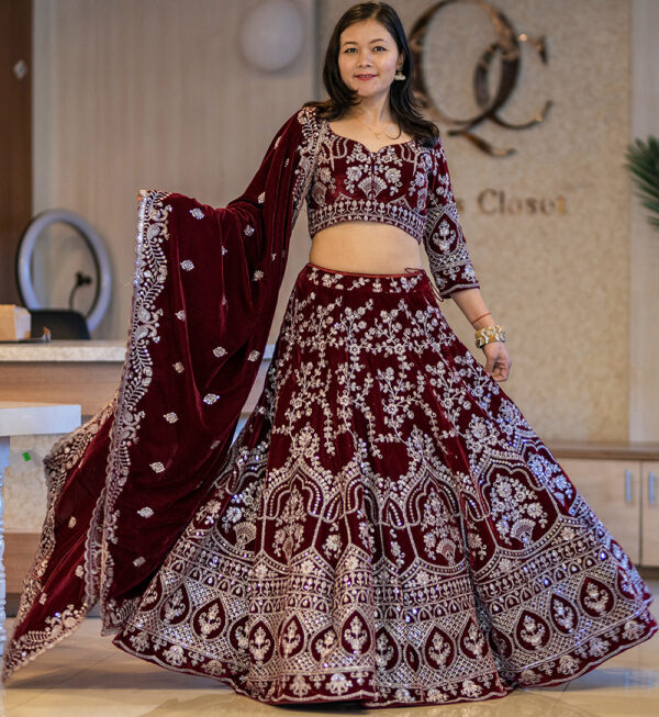 Bridal Lehenga Choli with Embroidered Velvet in Maroon - LC5985