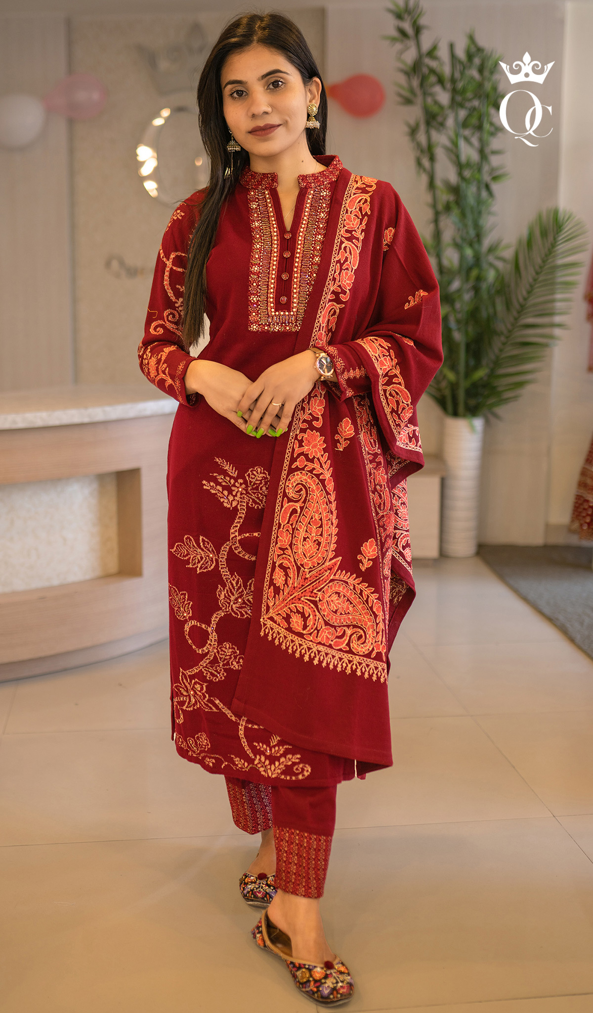 Maroon Woolen Kurtha Set with Machine and Hand Worked Embroidery Design