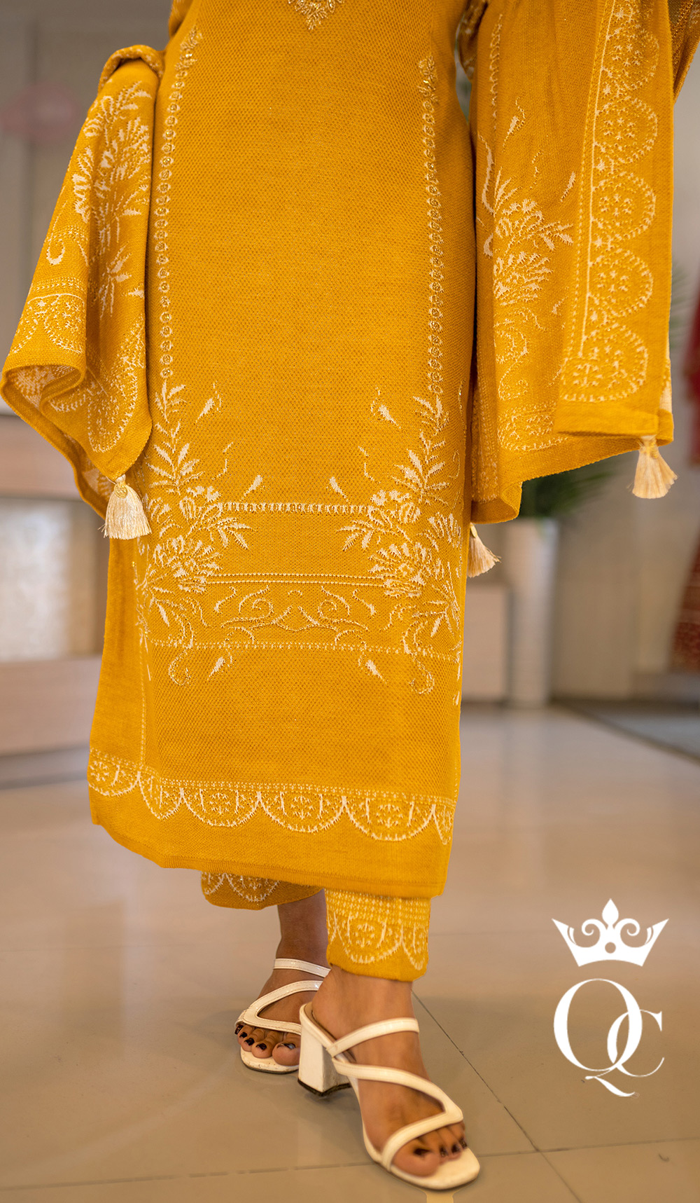 Woollen Kurtha Set with Hand Embroidered Top, Pant with Pocket and Thread Worked Lace, and Thread Design Dupatta