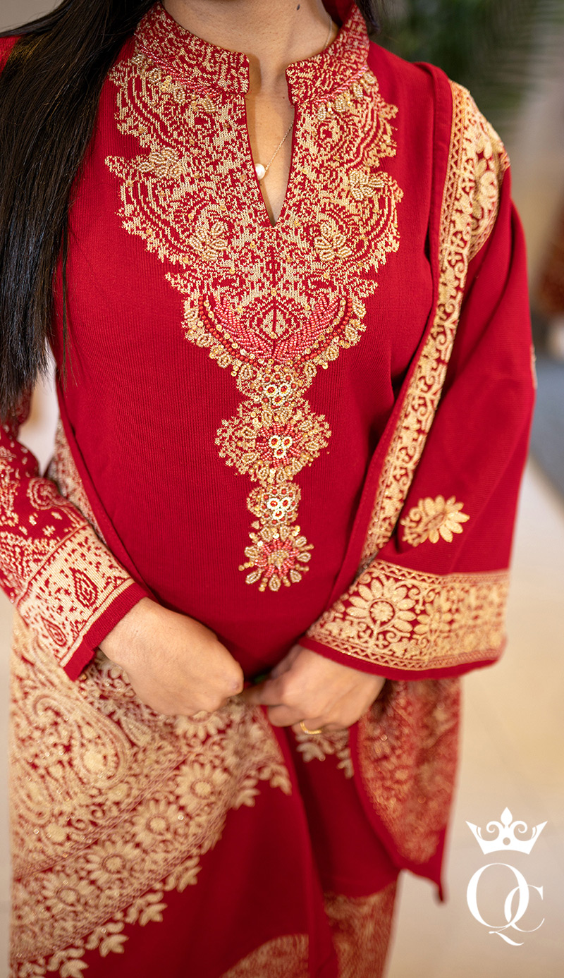 Heavy Hand and Machine Embroidered Woolen Kurtha Set with Pocketed Pant and Thread Worked Lace, with Thread Embroidered Dupatta