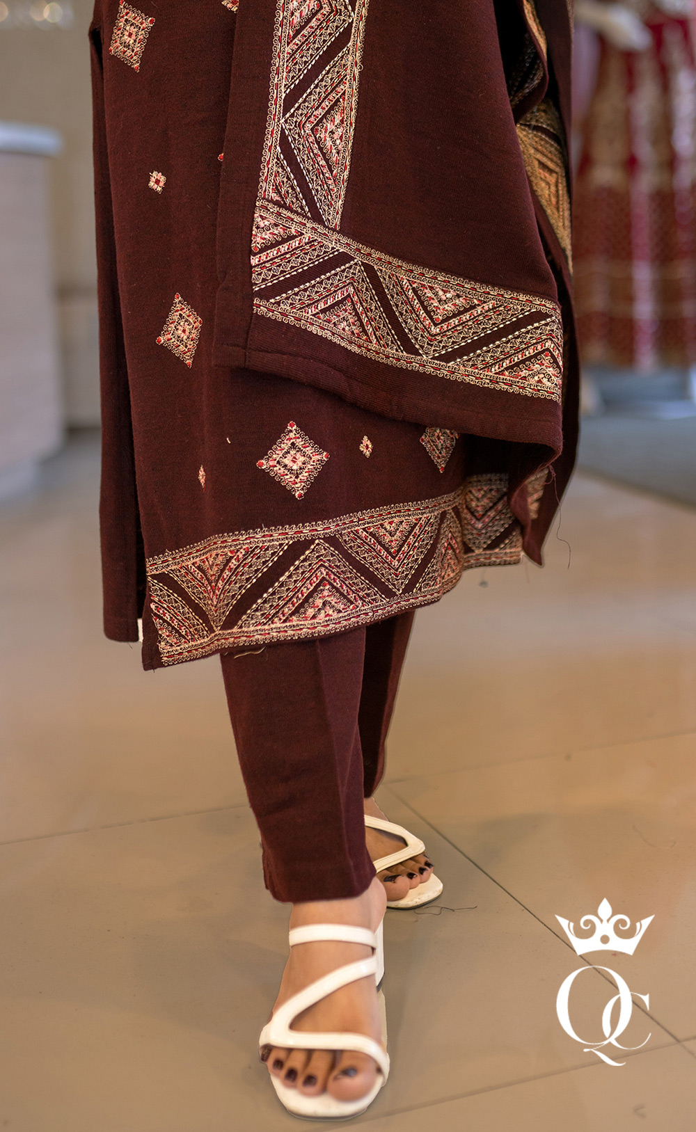 Brown Woolen Kurtha Set with Thread Worked Design Top, Plain Pant with Pocket & Thread Worked Lace, and Dupatta with Thread Worked Border