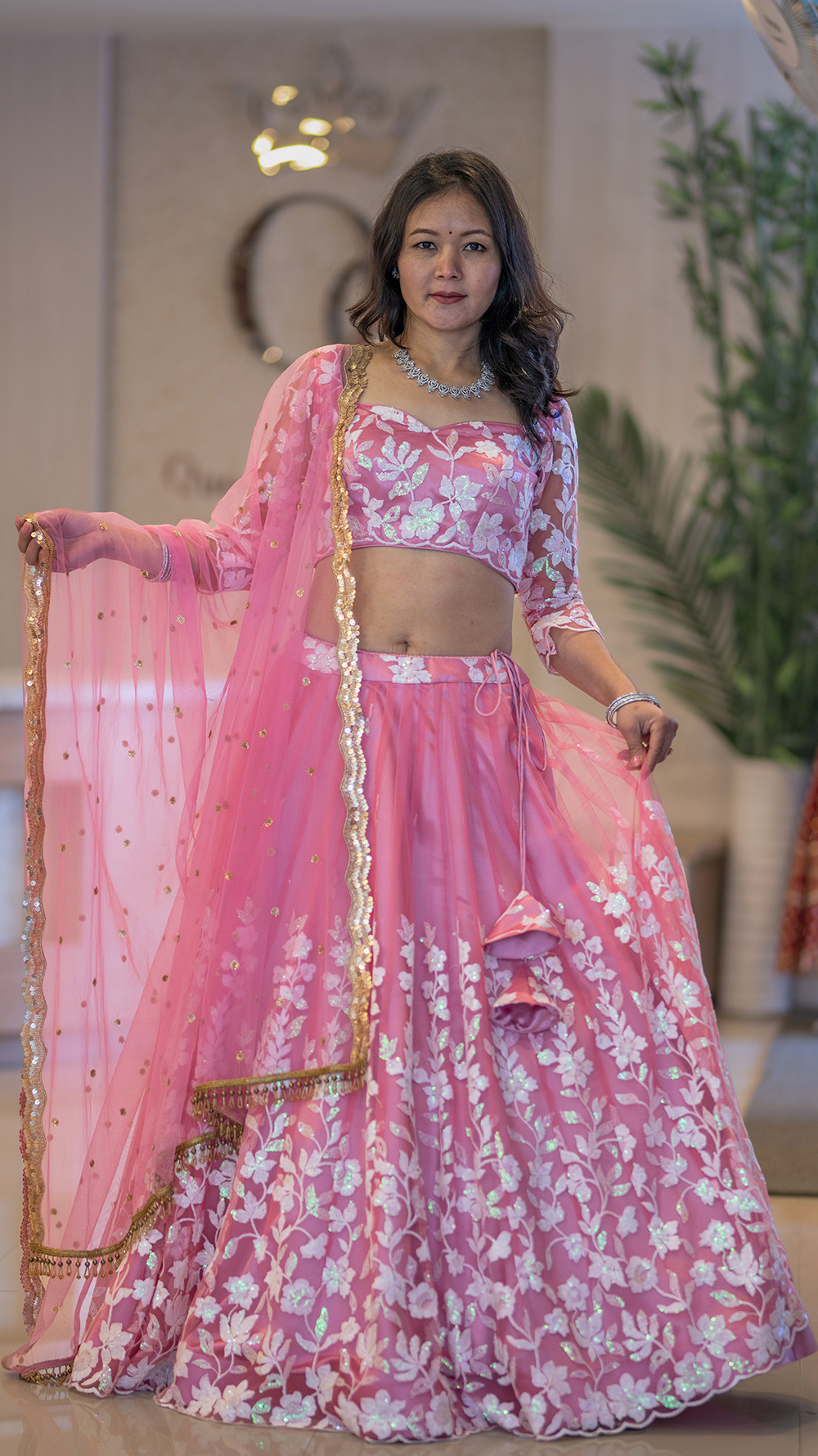 Heavy Thread Embroidered Sequence Work Pink Lehenga Set (2)