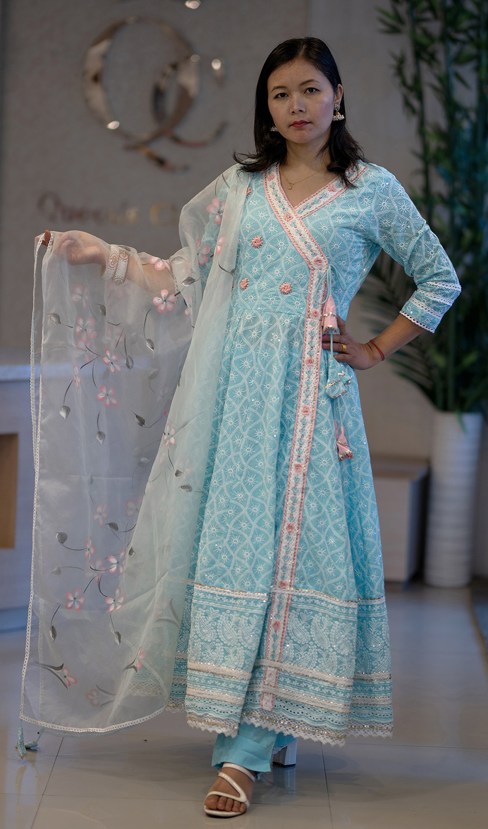 Pure Chikankari Embroidered Cotton Anarkali kurtha set (2)