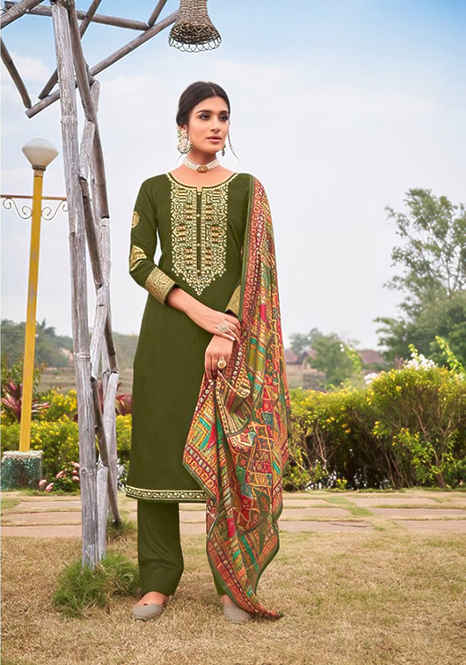 Unstiched Handworked Khatli Kurtha Set - Upada Silk Top, Dull Santoon Suruwal & Embroidered Maslin Dupatta - Branded Fashion for Women